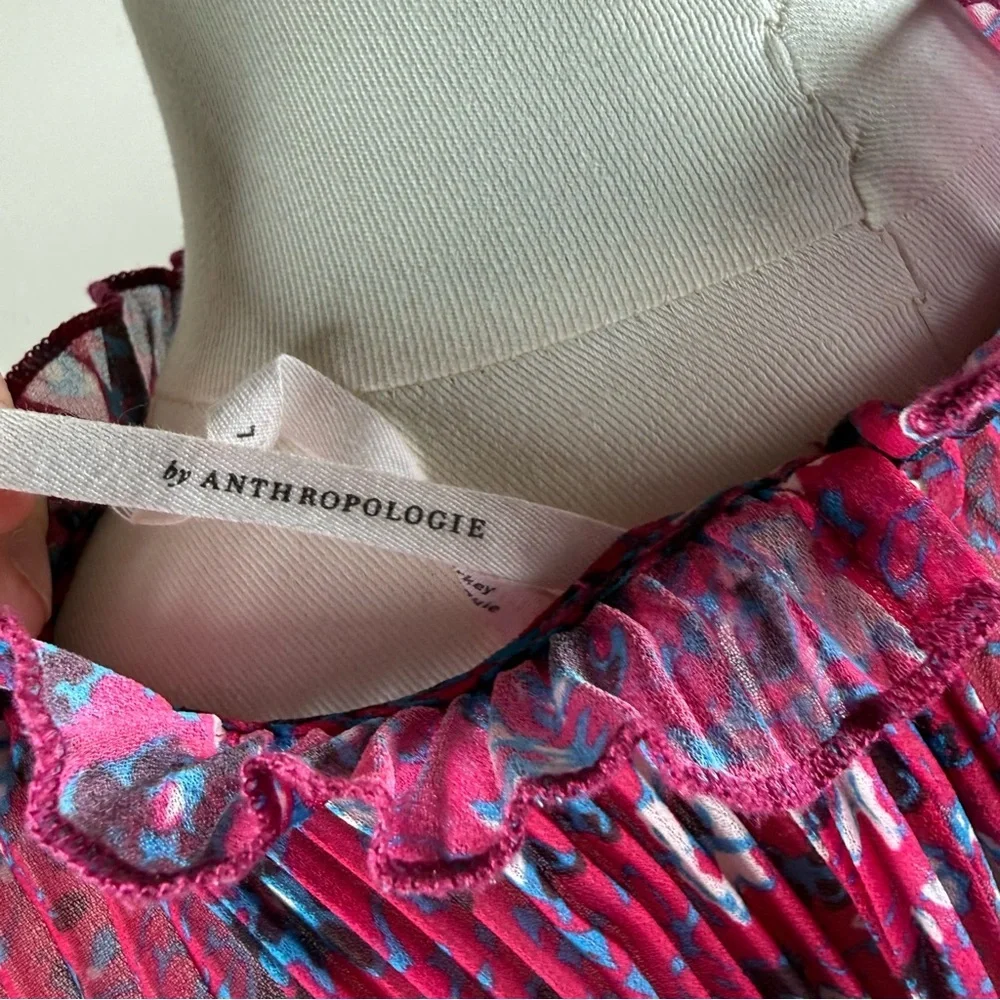 by Anthropologie Sheer Fairy Pink Floral Pleated Flutter Sleeve Layering Top - Picture 5 of 10
